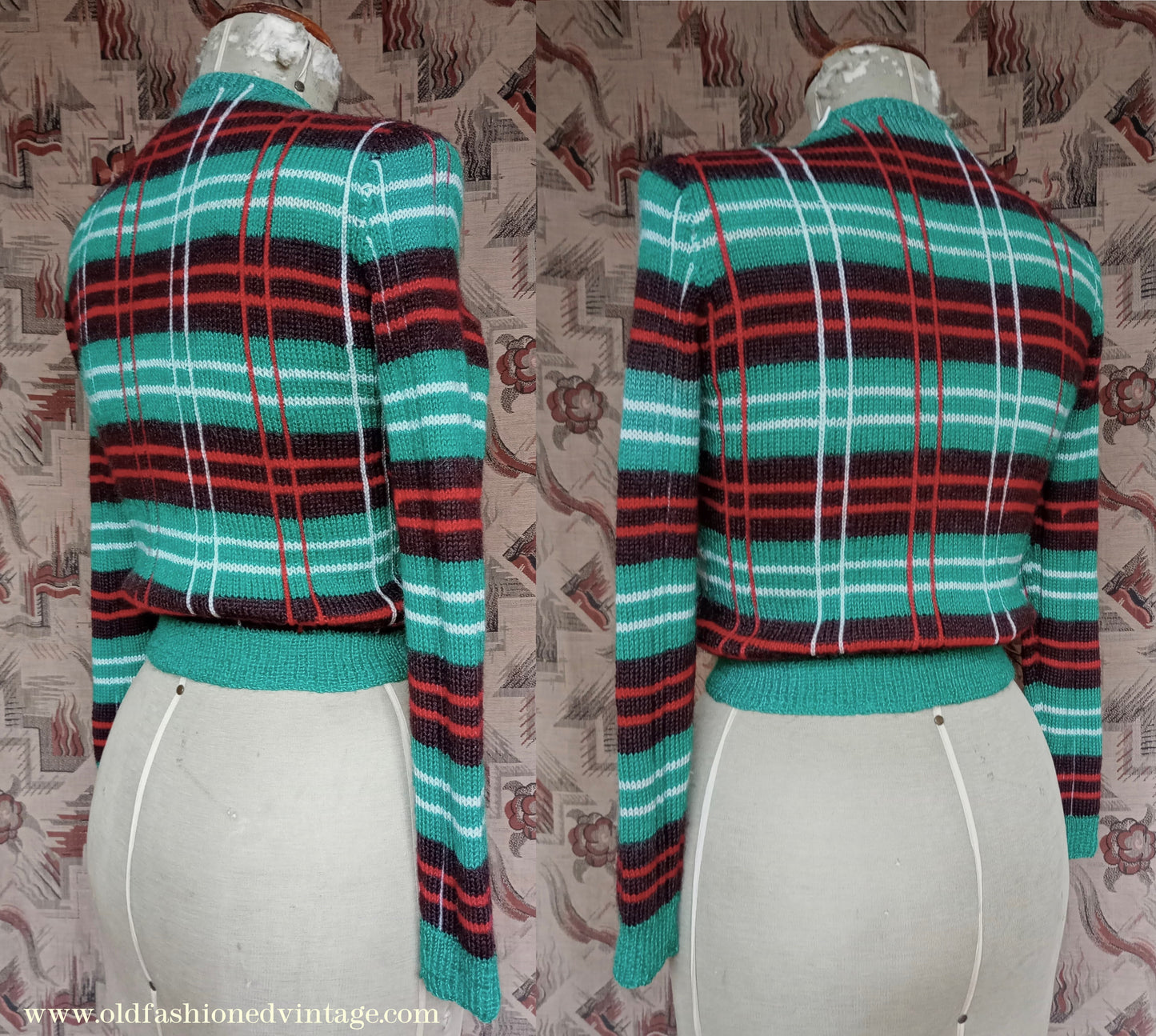 Original Vintage 1940s Hand Knitted Plaid Tartan Sweater Fair Isle Green Red Jumper 40s UK S