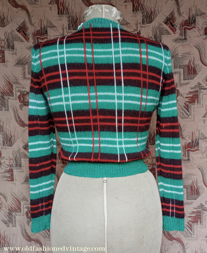 Original Vintage 1940s Hand Knitted Plaid Tartan Sweater Fair Isle Green Red Jumper 40s UK S