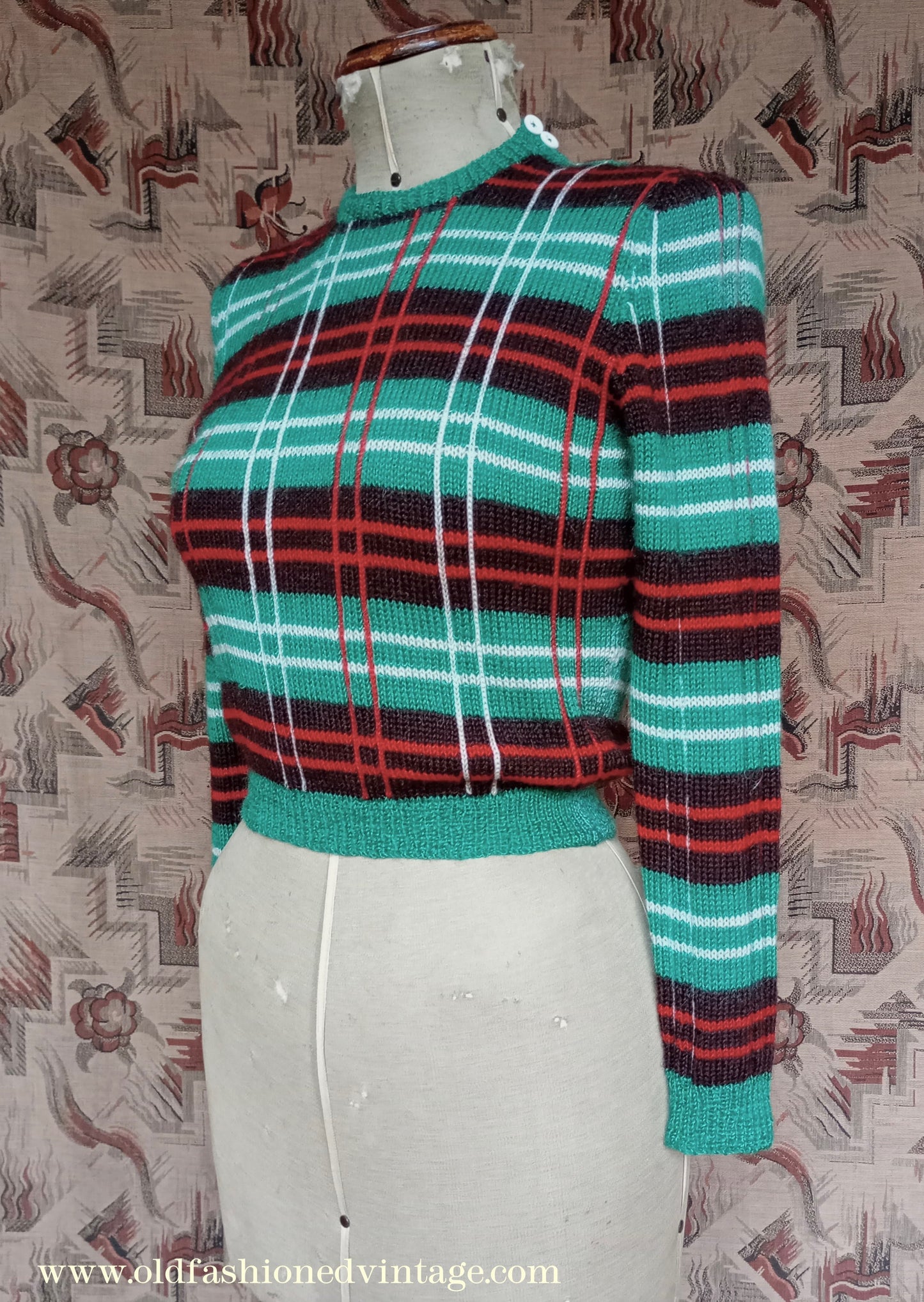 Original Vintage 1940s Hand Knitted Plaid Tartan Sweater Fair Isle Green Red Jumper 40s UK S