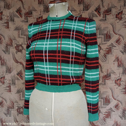 Original Vintage 1940s Hand Knitted Plaid Tartan Sweater Fair Isle Green Red Jumper 40s UK S