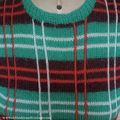 Original Vintage 1940s Hand Knitted Plaid Tartan Sweater Fair Isle Green Red Jumper 40s UK S