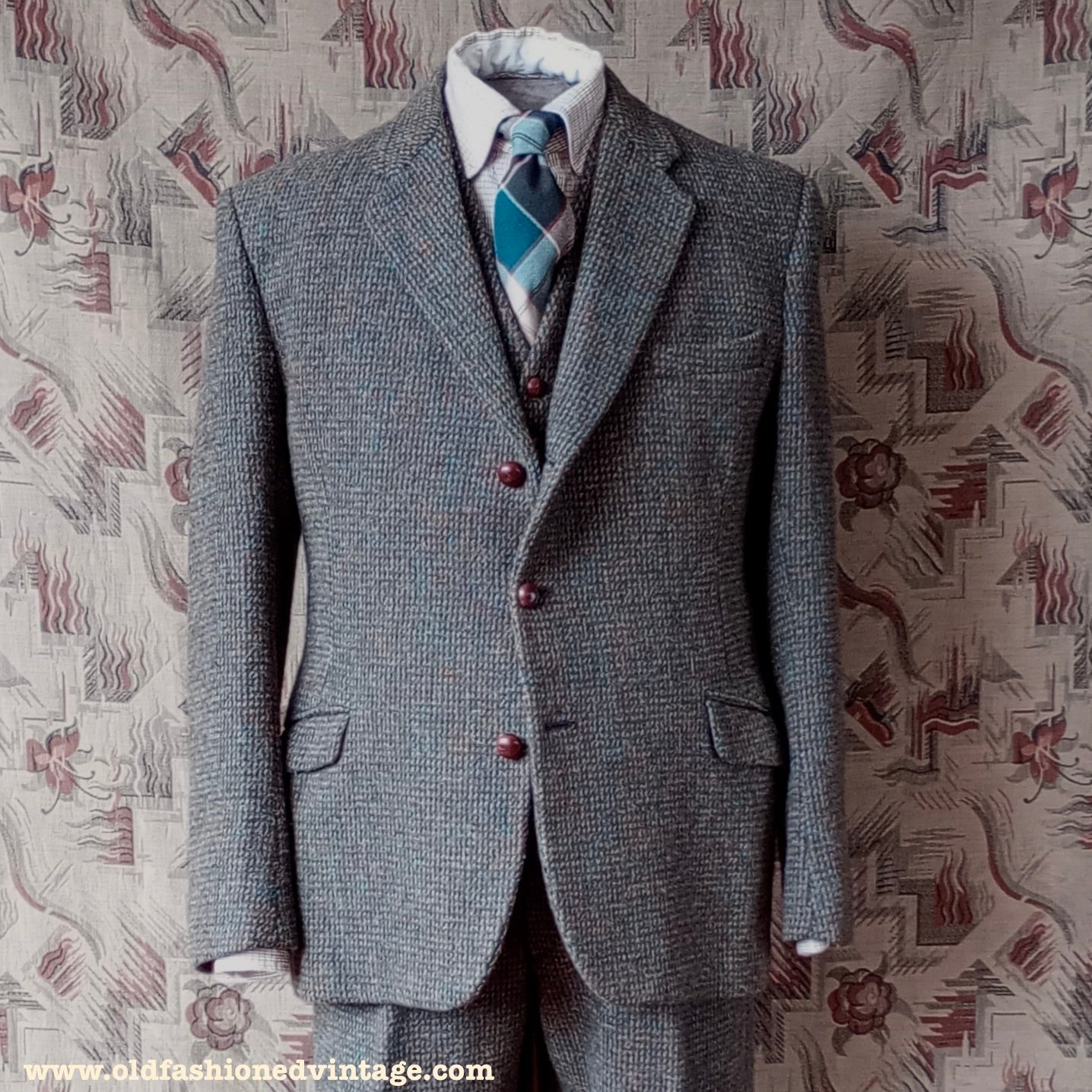 Vintage 1960s Mens Harris Tweed 3 Piece Suit Green Brown Blue Wool 42"