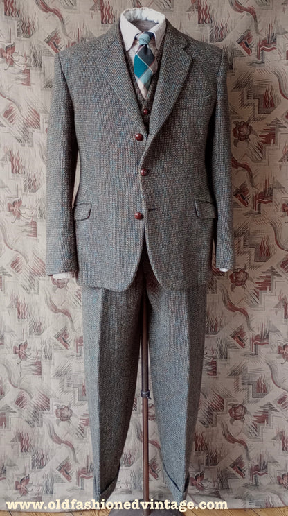 Vintage 1960s Mens Harris Tweed 3 Piece Suit Green Brown Blue Wool 42"