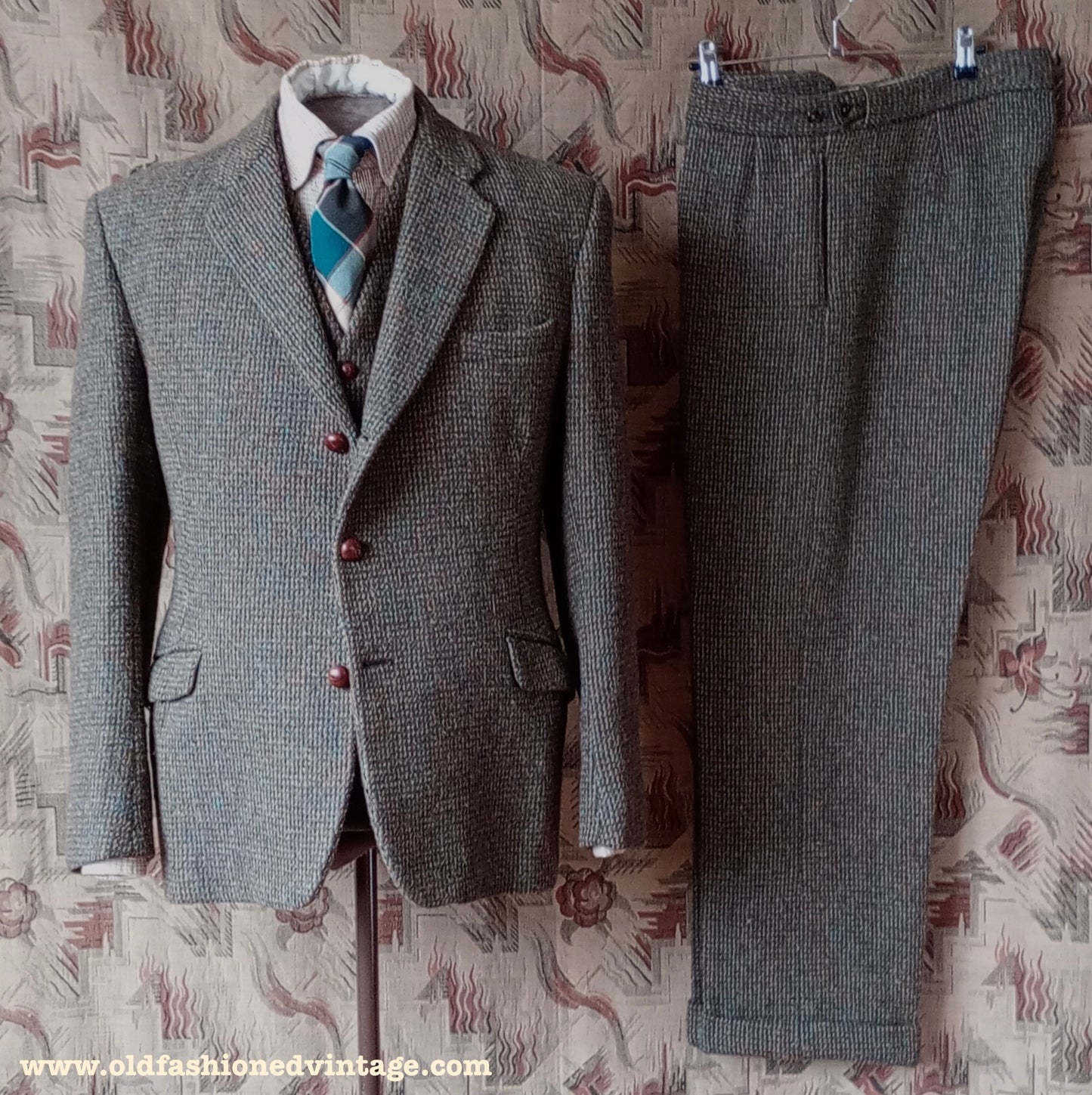 Vintage 1960s Mens Harris Tweed 3 Piece Suit Green Brown Blue Wool 42"