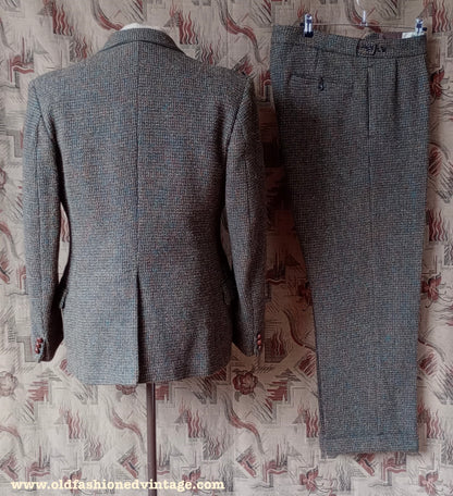 Vintage 1960s Mens Harris Tweed 3 Piece Suit Green Brown Blue Wool 42"