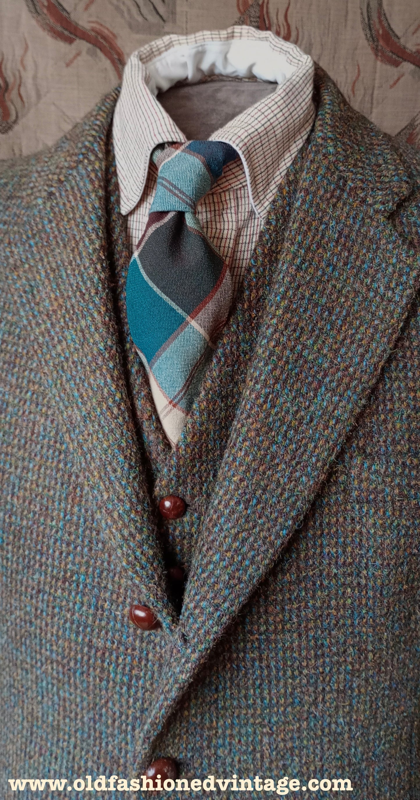 Vintage 1960s Mens Harris Tweed 3 Piece Suit Green Brown Blue Wool 42"