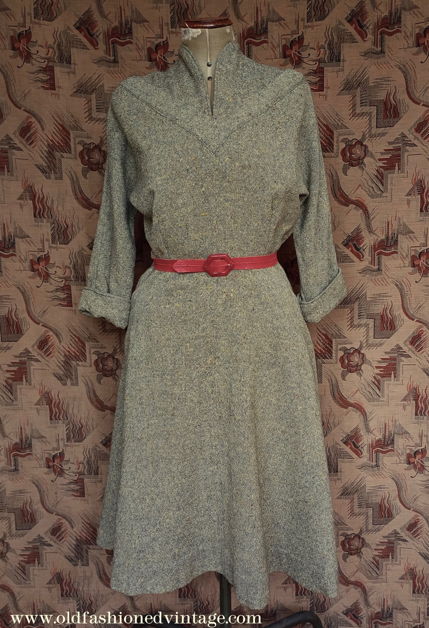 Vintage 1940s Wool Dress Flecked Yellow Grey UK M