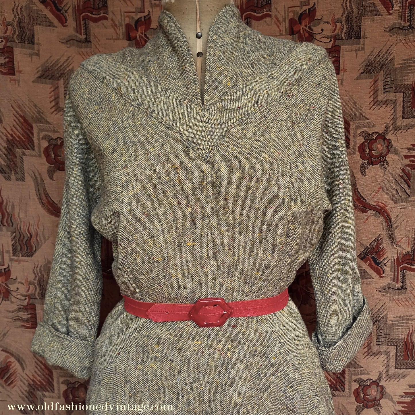 Vintage 1940s Wool Dress Flecked Yellow Grey UK M