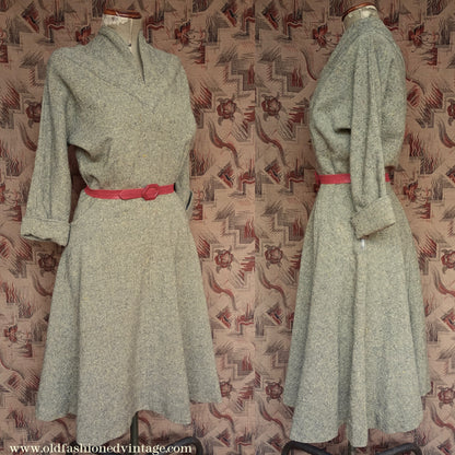 Vintage 1940s Wool Dress Flecked Yellow Grey UK M