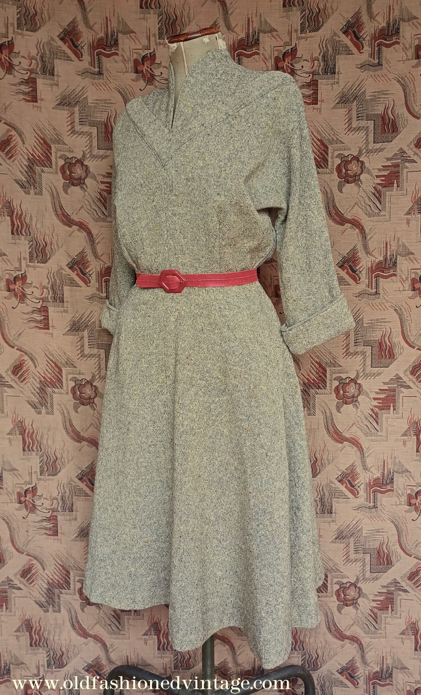 Vintage 1940s Wool Dress Flecked Yellow Grey UK M