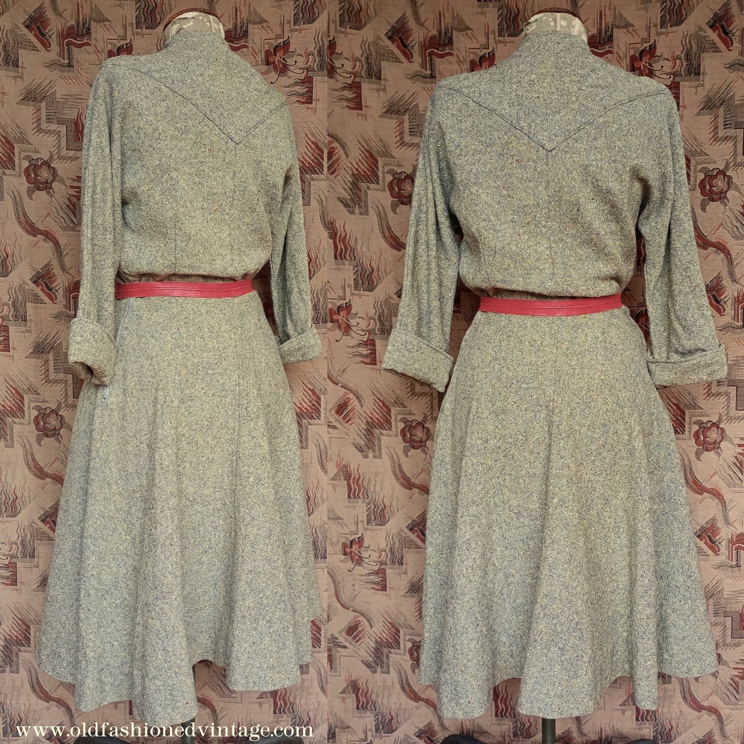 Vintage 1940s Wool Dress Flecked Yellow Grey UK M