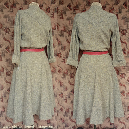 Vintage 1940s Wool Dress Flecked Yellow Grey UK M