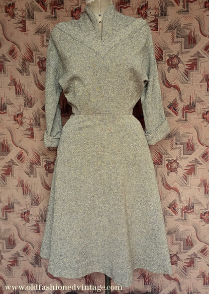 Vintage 1940s Wool Dress Flecked Yellow Grey UK M