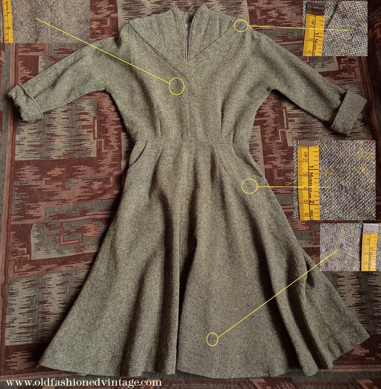 Vintage 1940s Wool Dress Flecked Yellow Grey UK M