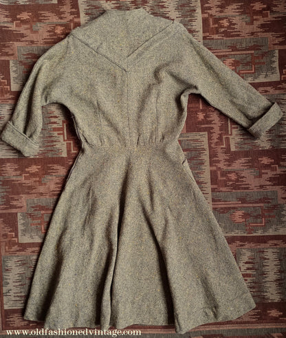 Vintage 1940s Wool Dress Flecked Yellow Grey UK M