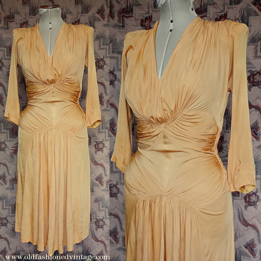 Amazing Vintage 1940s Dress Drapey Gold Rayon Jersey Celanese Type UK S/M