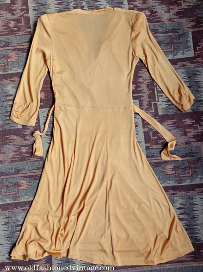 Amazing Vintage 1940s Dress Drapey Gold Rayon Jersey Celanese Type UK S/M