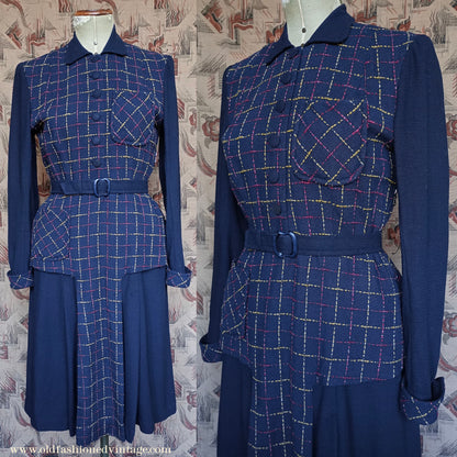 Wonderful Vintage 1940s Dress Two Tone Blue Checked Handmade UK M