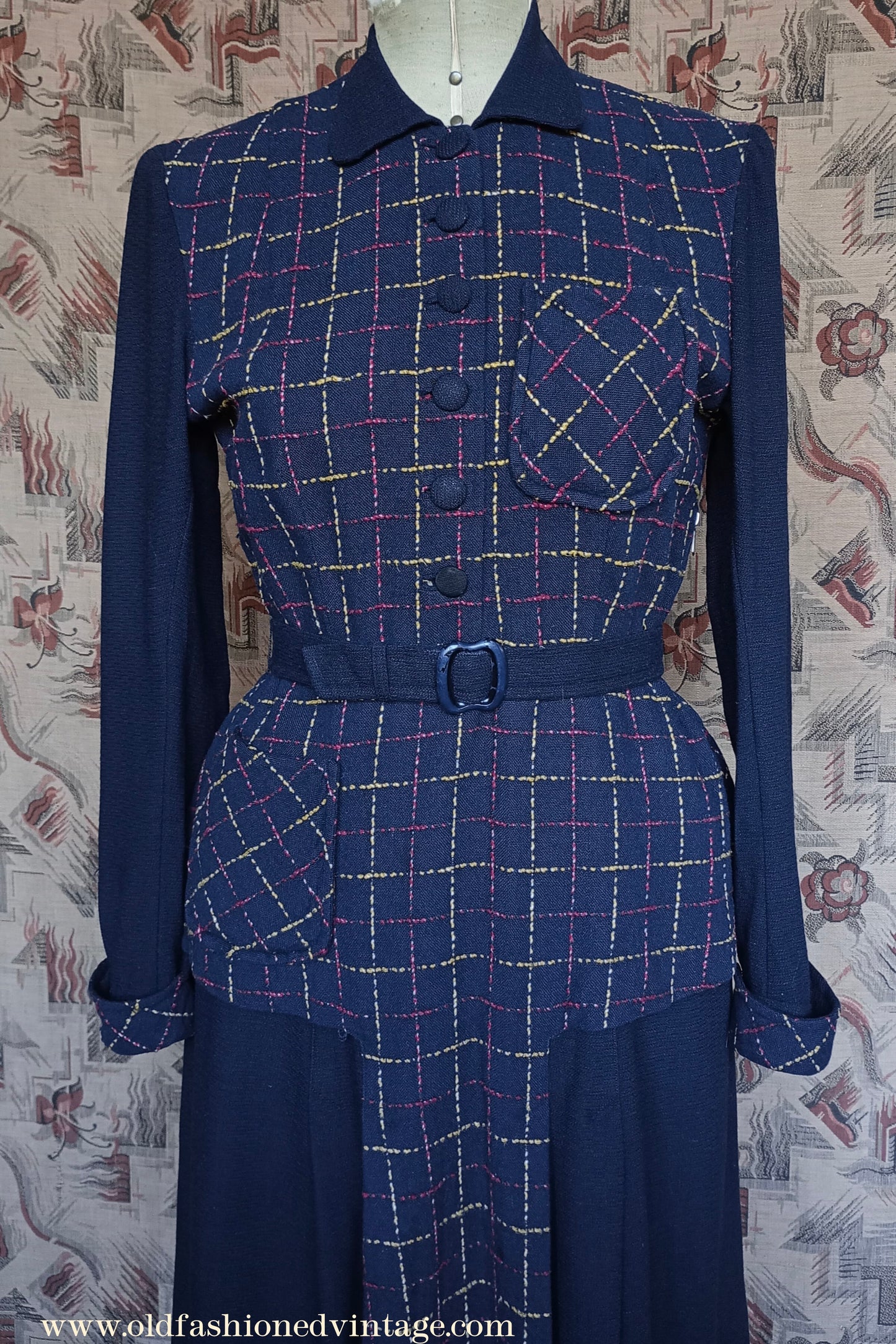 Wonderful Vintage 1940s Dress Two Tone Blue Checked Handmade UK M