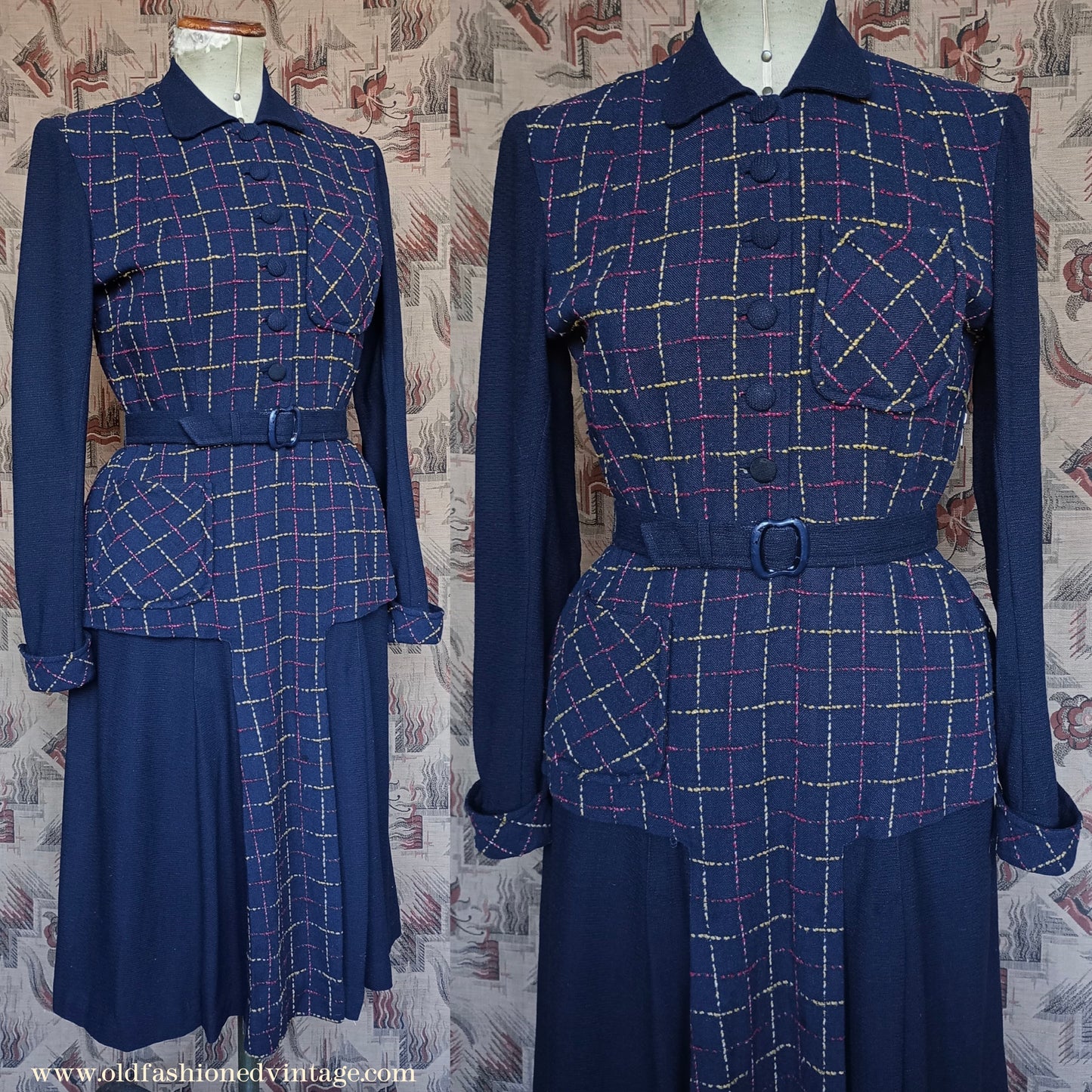 Wonderful Vintage 1940s Dress Two Tone Blue Checked Handmade UK M