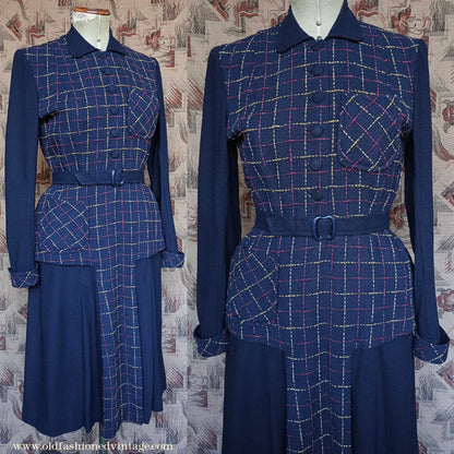 Wonderful Vintage 1940s Dress Two Tone Blue Checked Handmade UK M