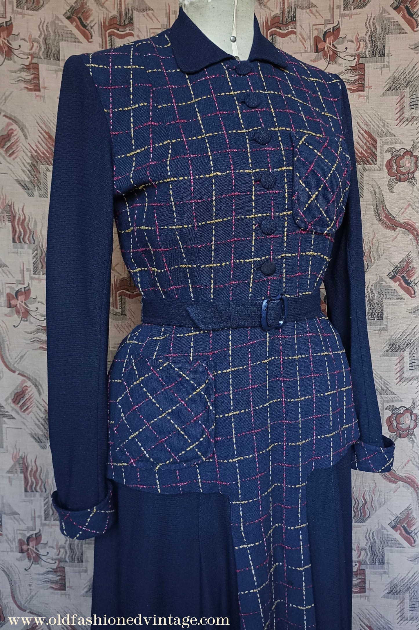 Wonderful Vintage 1940s Dress Two Tone Blue Checked Handmade UK M