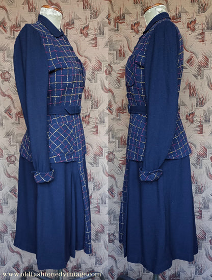 Wonderful Vintage 1940s Dress Two Tone Blue Checked Handmade UK M