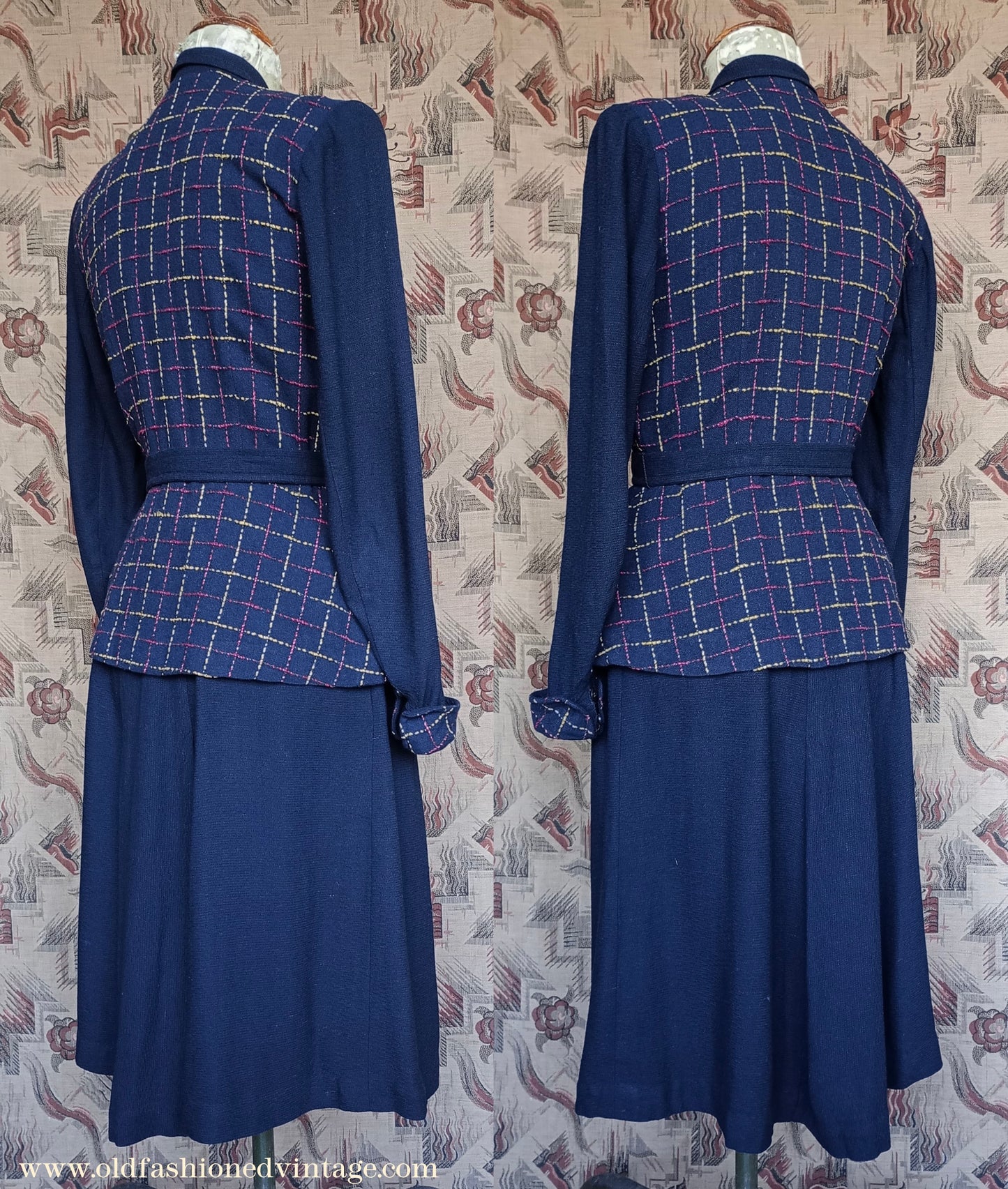 Wonderful Vintage 1940s Dress Two Tone Blue Checked Handmade UK M