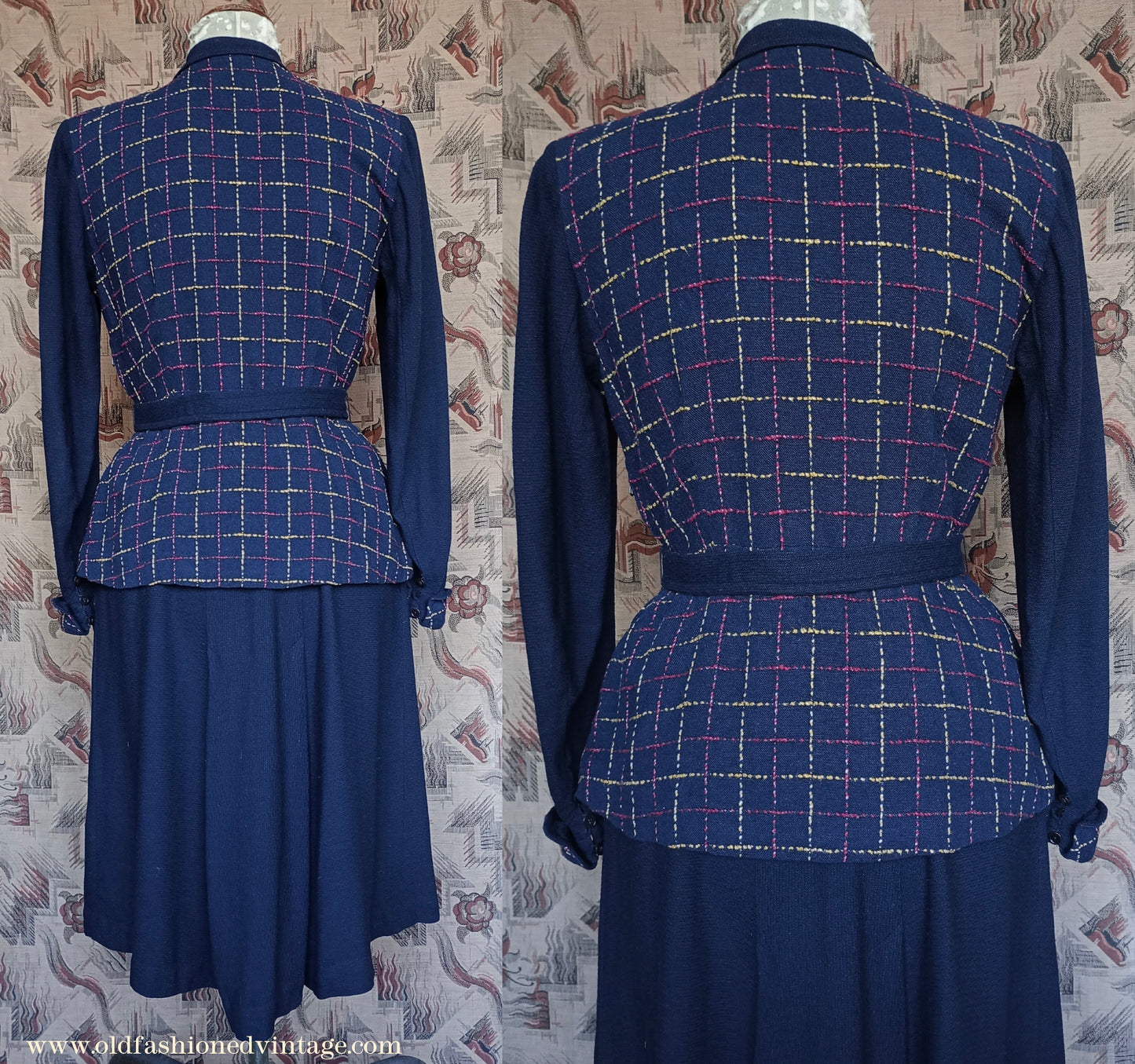 Wonderful Vintage 1940s Dress Two Tone Blue Checked Handmade UK M