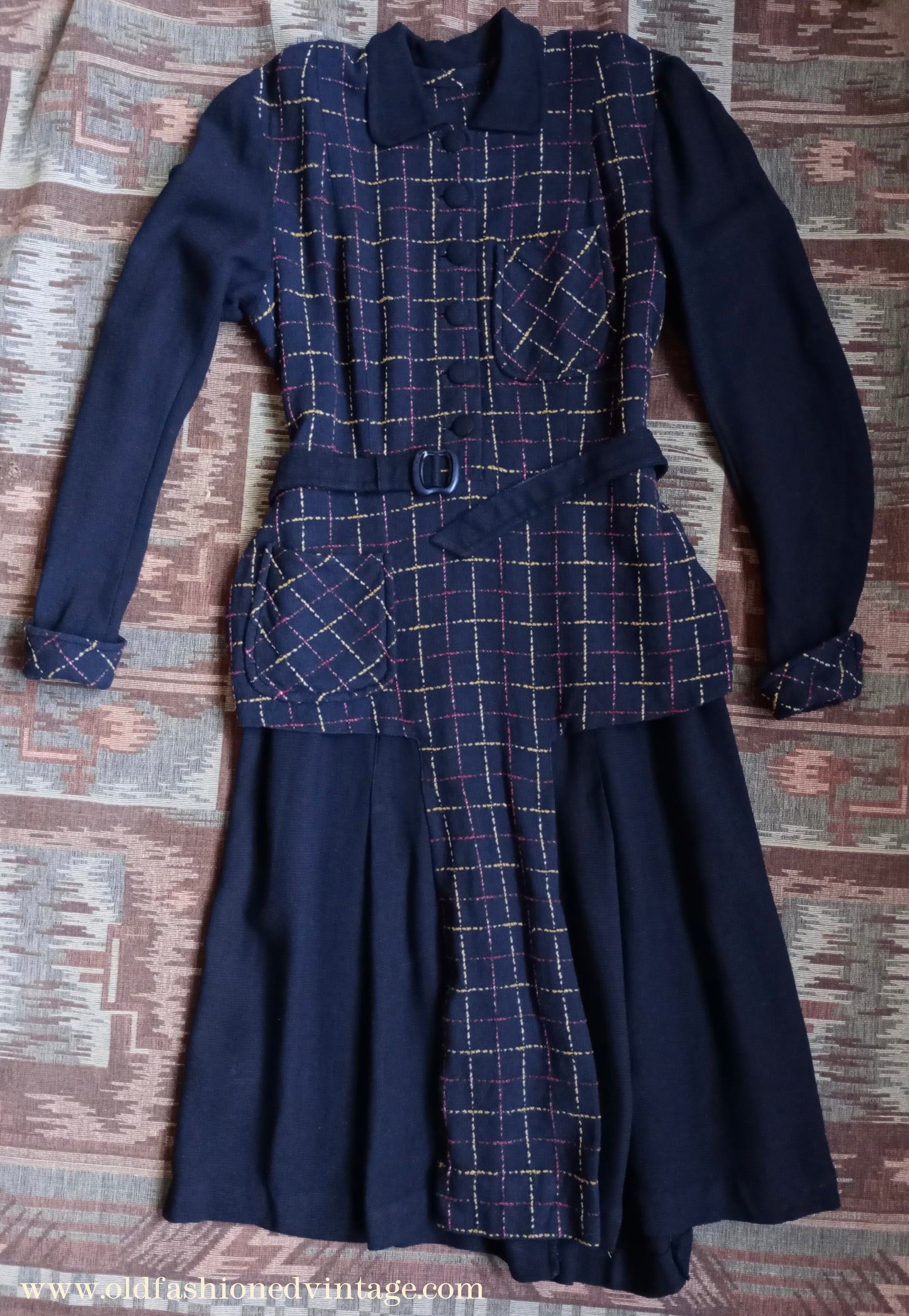 Wonderful Vintage 1940s Dress Two Tone Blue Checked Handmade UK M