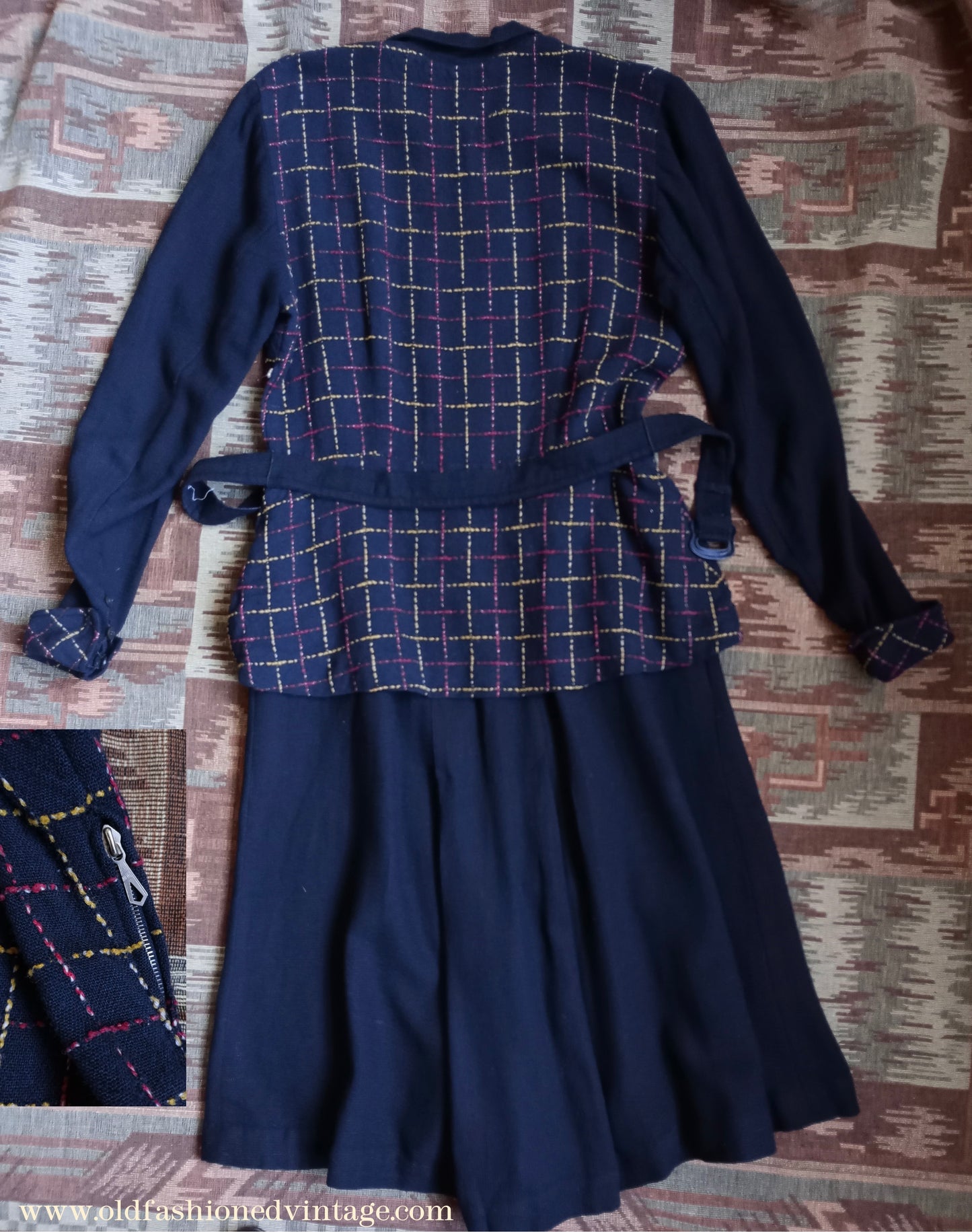 Wonderful Vintage 1940s Dress Two Tone Blue Checked Handmade UK M