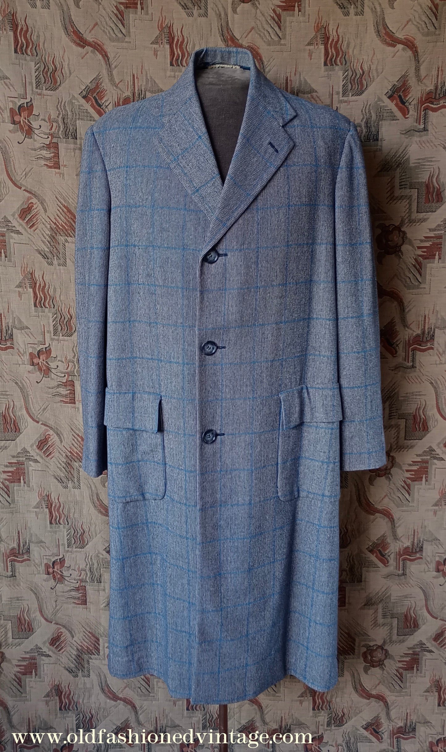 Vintage 1940s Mens Tweed Top Coat Overcoat Blue Check L 42"