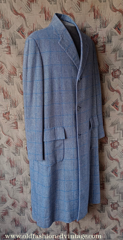 Vintage 1940s Mens Tweed Top Coat Overcoat Blue Check L 42"