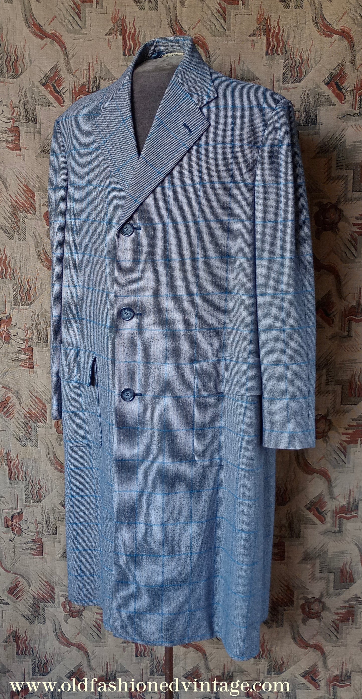 Vintage 1940s Mens Tweed Top Coat Overcoat Blue Check L 42"