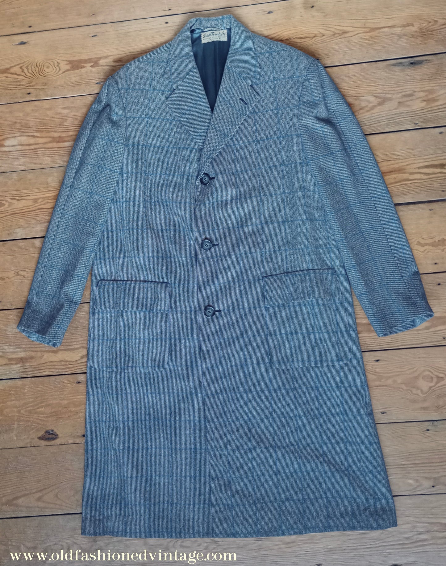 Vintage 1940s Mens Tweed Top Coat Overcoat Blue Check L 42"