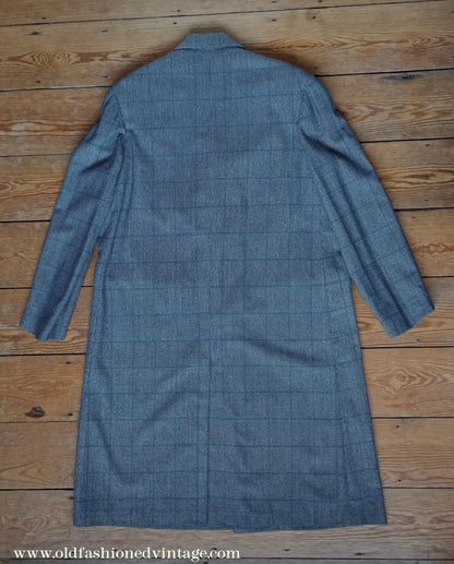 Vintage 1940s Mens Tweed Top Coat Overcoat Blue Check L 42"