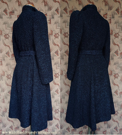 Vintage 1940s Black Faux Fur Astrakhan Boucle Wool Coat Tie Belt Big Shoulders UK S/M