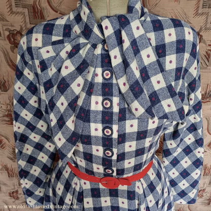 Vintage 1940s Spotty Checked Wool Dress Scarf Collar UK S