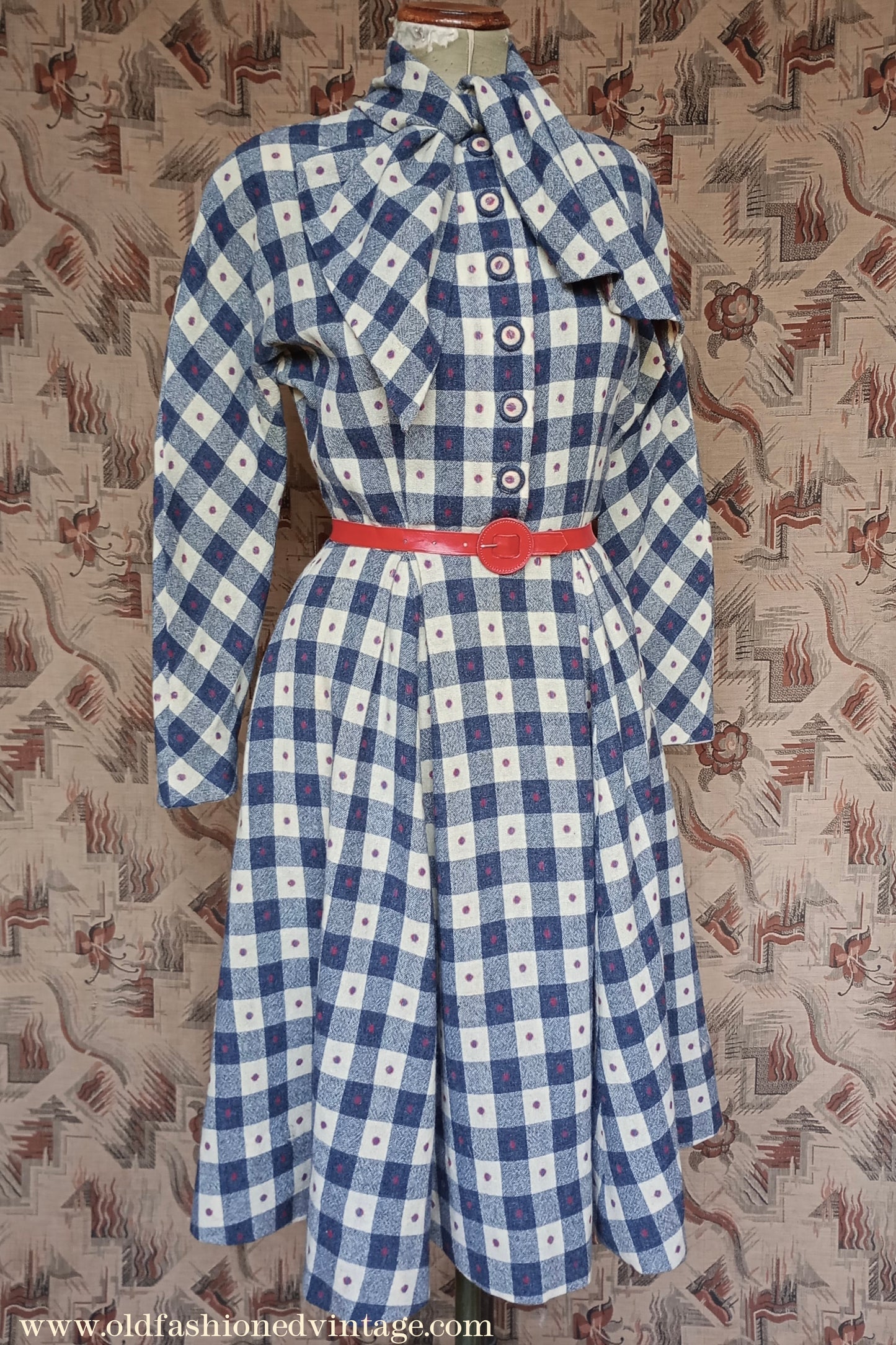 Vintage 1940s Spotty Checked Wool Dress Scarf Collar UK S