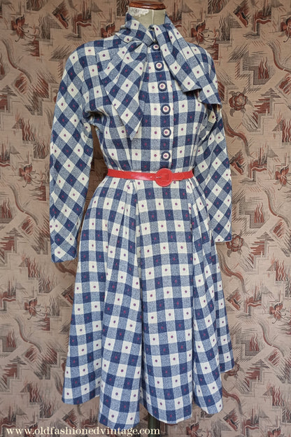 Vintage 1940s Spotty Checked Wool Dress Scarf Collar UK S