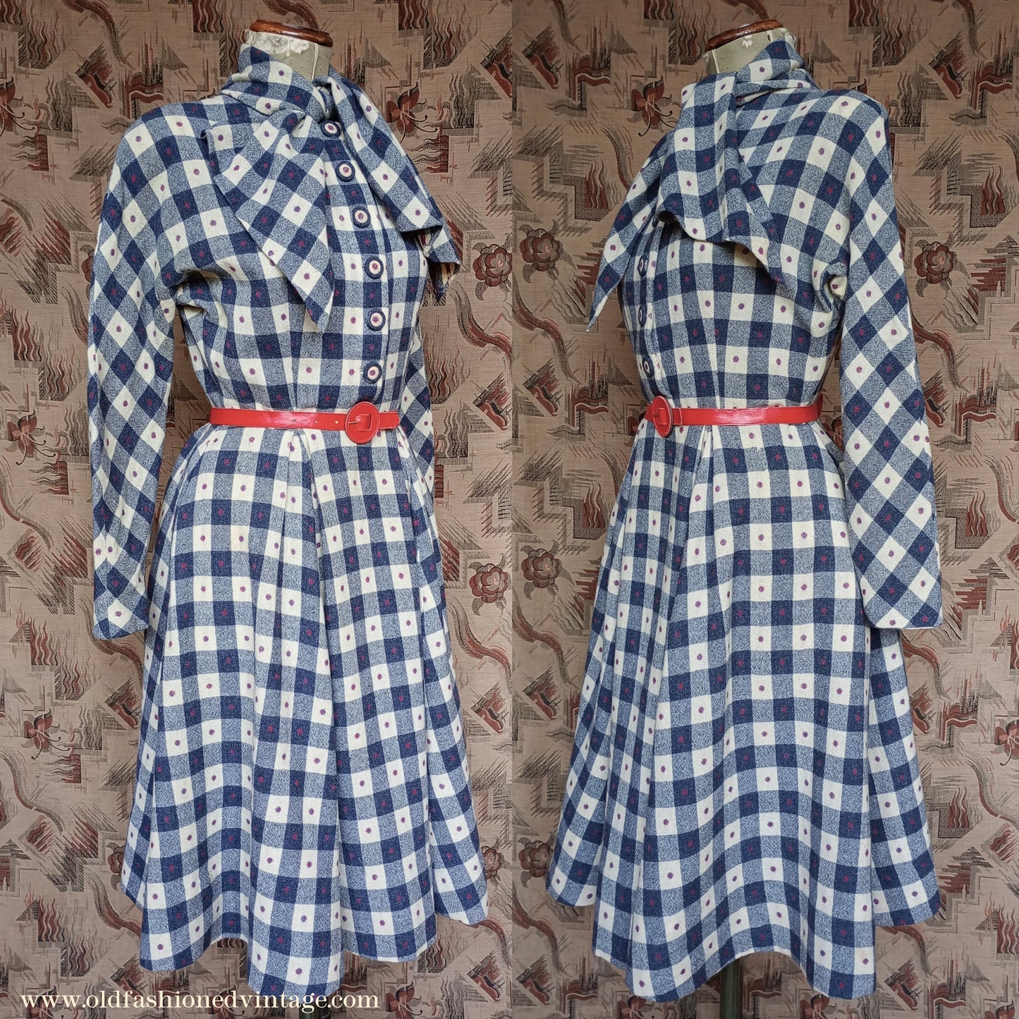 Vintage 1940s Spotty Checked Wool Dress Scarf Collar UK S