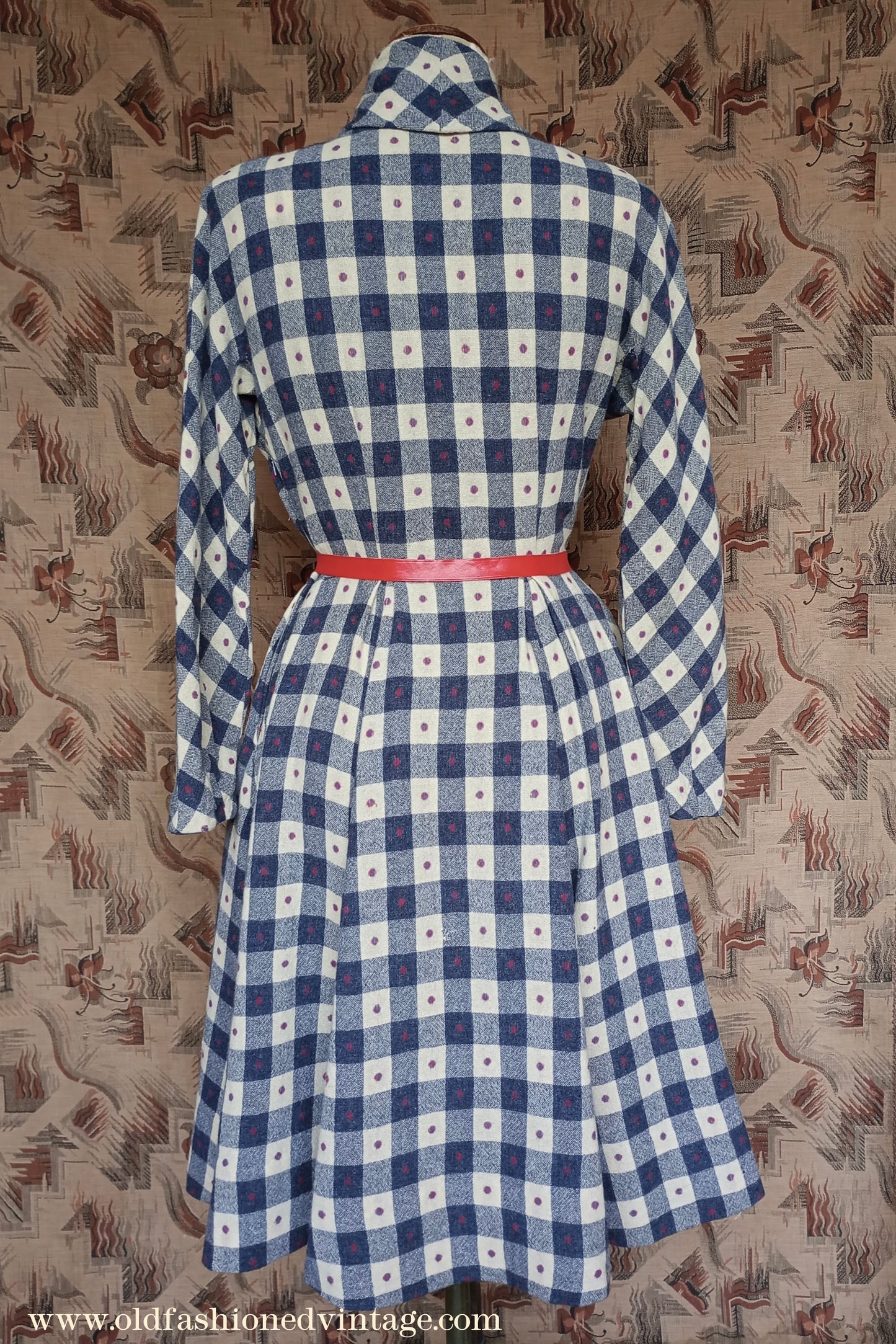 Vintage 1940s Spotty Checked Wool Dress Scarf Collar UK S