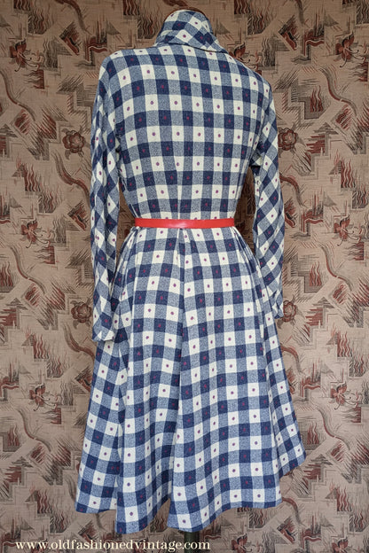 Vintage 1940s Spotty Checked Wool Dress Scarf Collar UK S