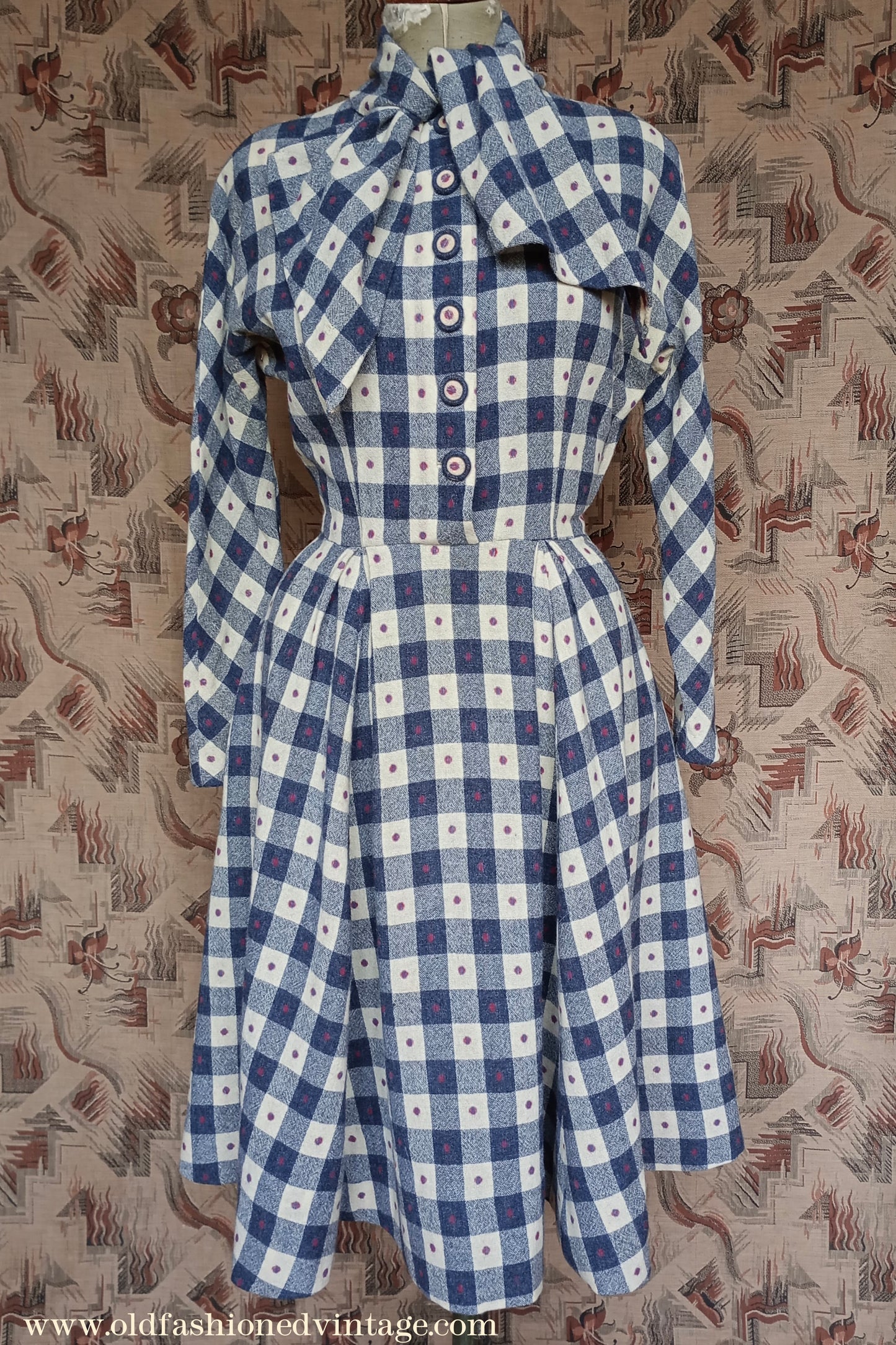 Vintage 1940s Spotty Checked Wool Dress Scarf Collar UK S