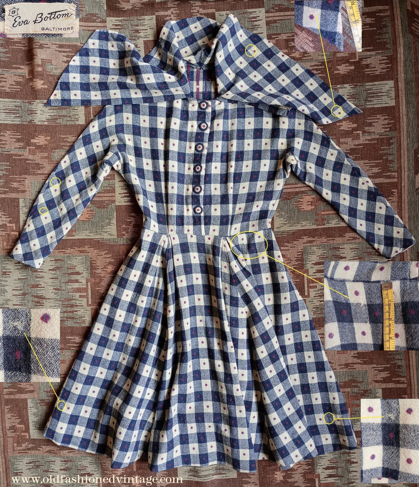 Vintage 1940s Spotty Checked Wool Dress Scarf Collar UK S