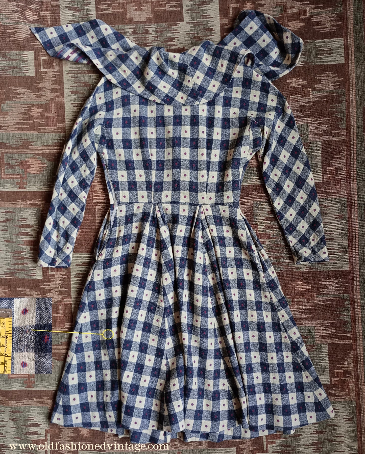 Vintage 1940s Spotty Checked Wool Dress Scarf Collar UK S