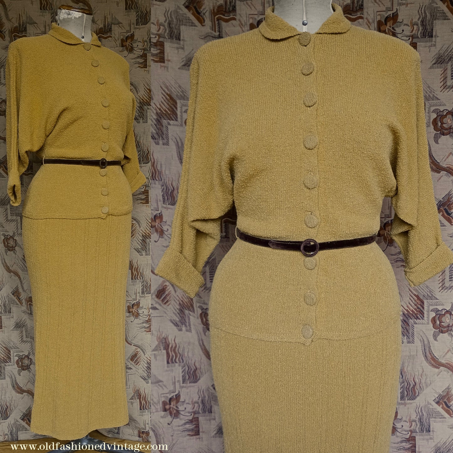 Vintage 1950s Mustard Wool Knit Set Sweater Skirt UK S/M