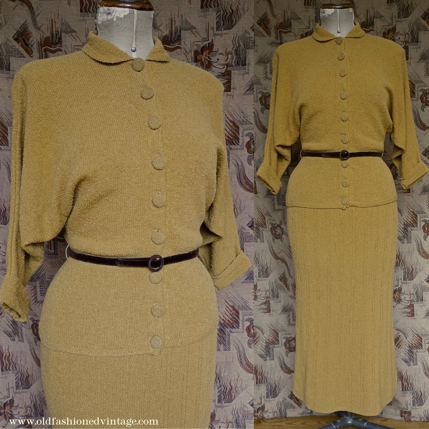 Vintage 1950s Mustard Wool Knit Set Sweater Skirt UK S/M