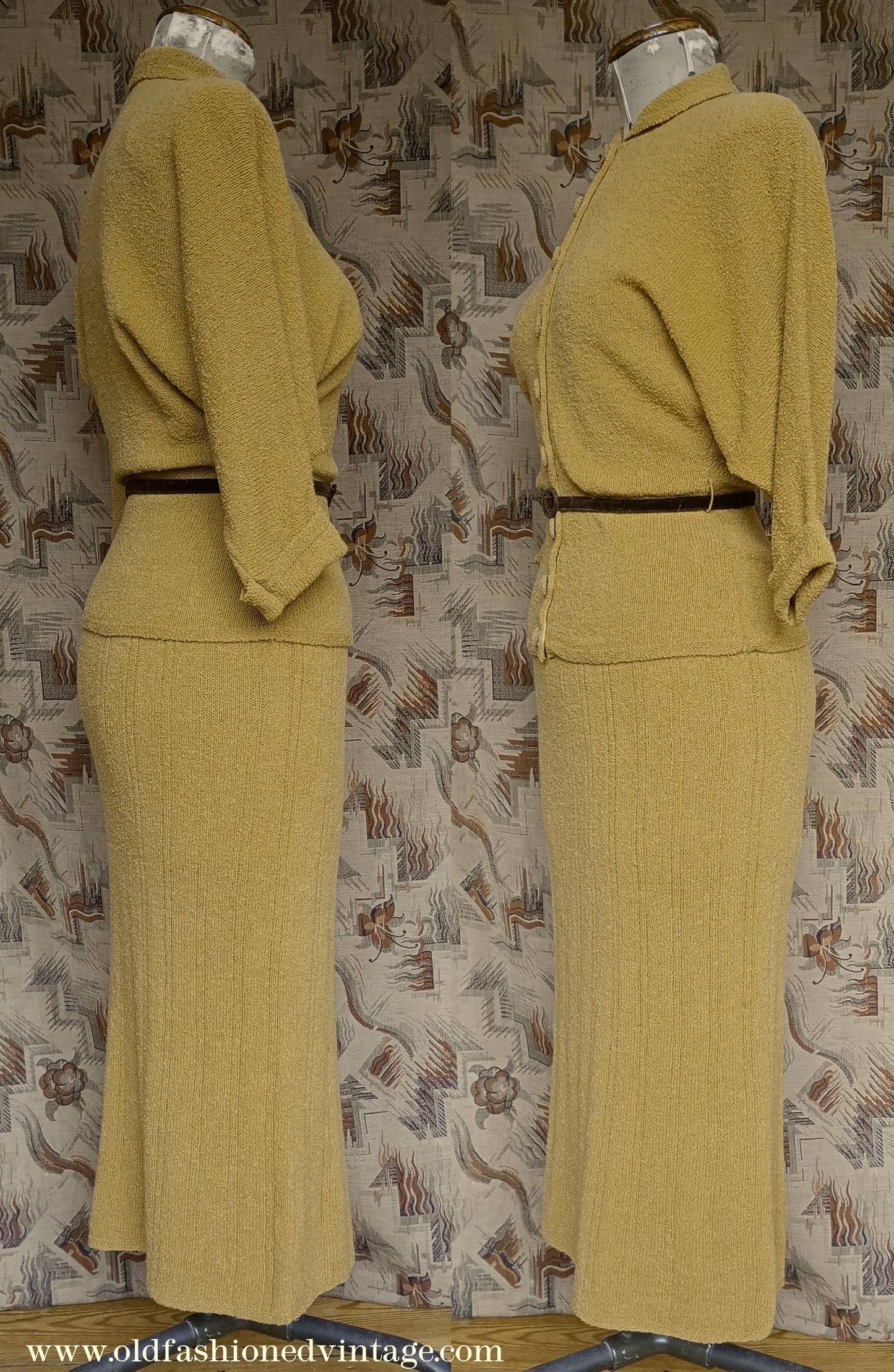 Vintage 1950s Mustard Wool Knit Set Sweater Skirt UK S/M