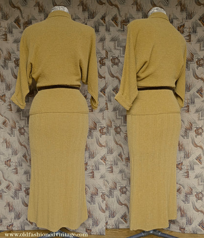 Vintage 1950s Mustard Wool Knit Set Sweater Skirt UK S/M